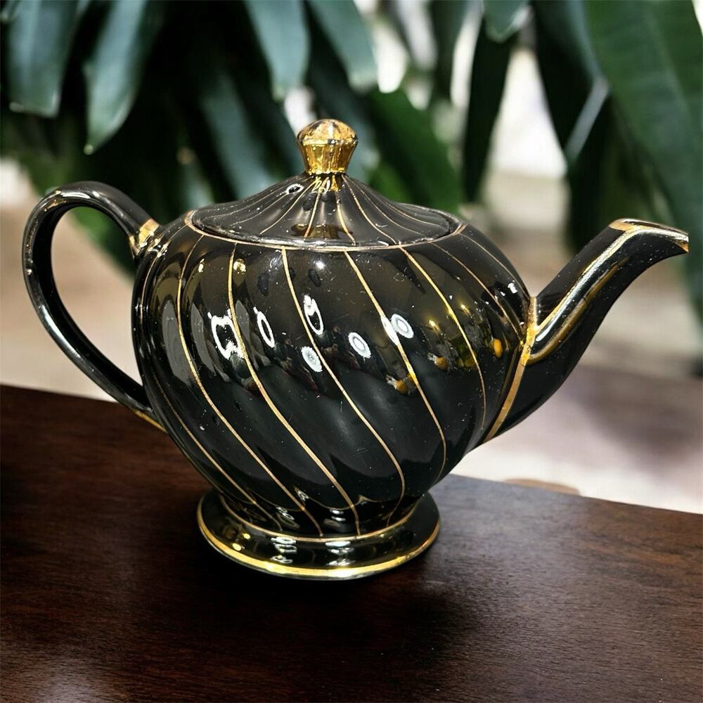 Vintage Ceramic Sadler England Teapot Black Gold Swirl Accent #1745